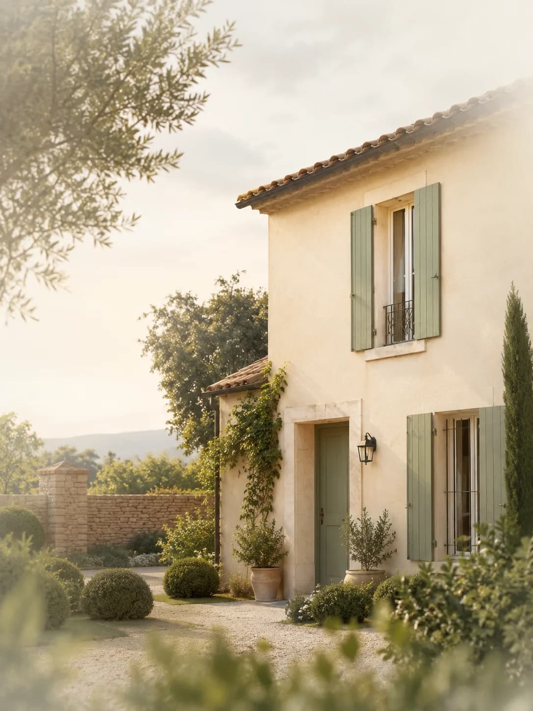 Maison en pierre claire aux volets verts, dans la lumière du soir